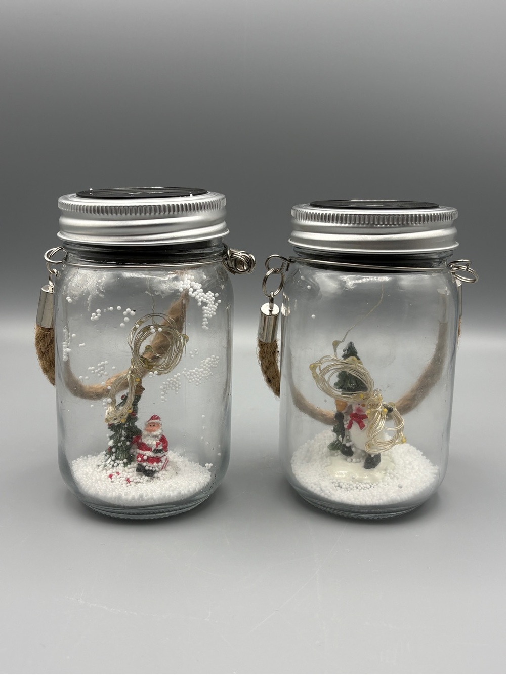 Outable Christmas Solar Glass Lantern 2 Pk Santa and Snowman in Jars